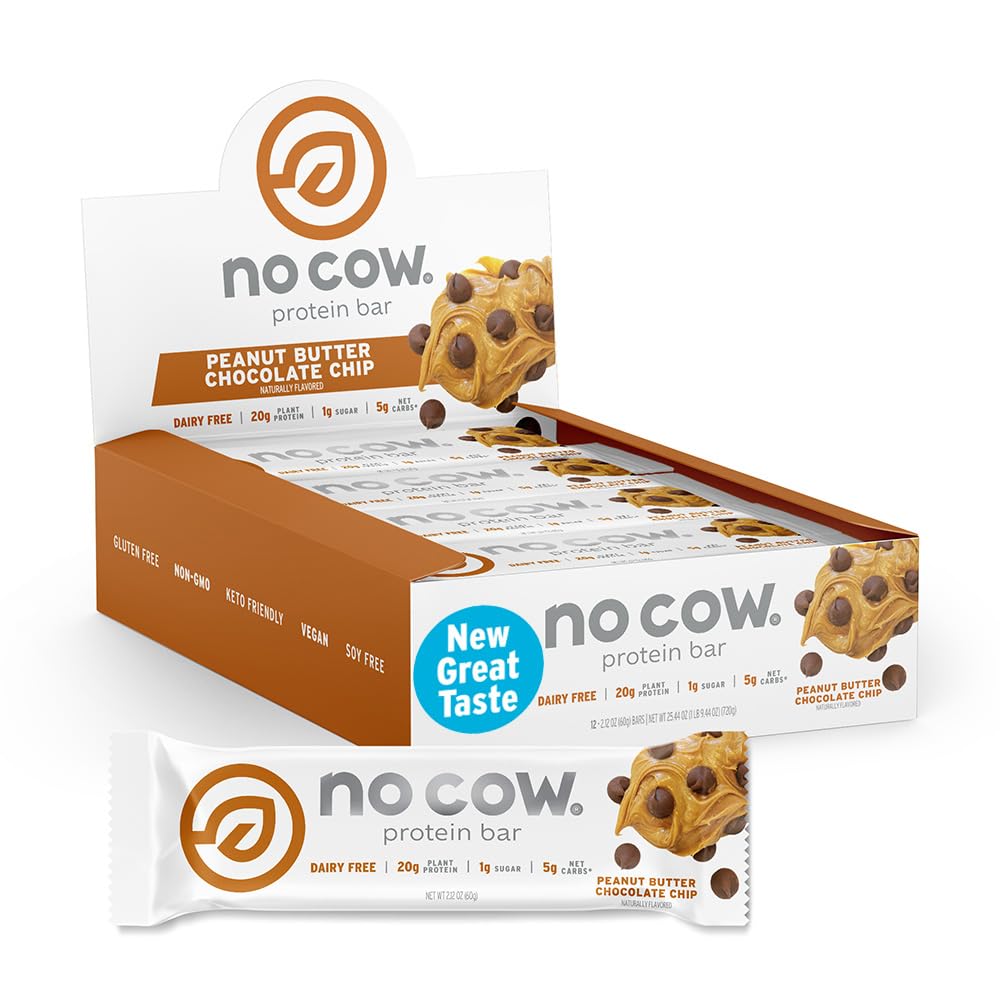 No Cow barres proteinees cacahuete chocolat emballage clair, collation pratique et énergétique.