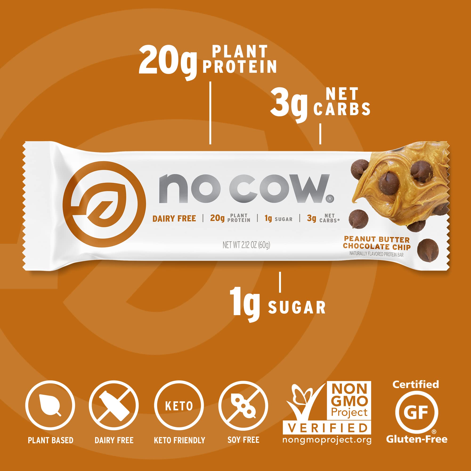 No Cow ingrédients véganes sans gluten et sans allergènes affichés sur l’étiquette.