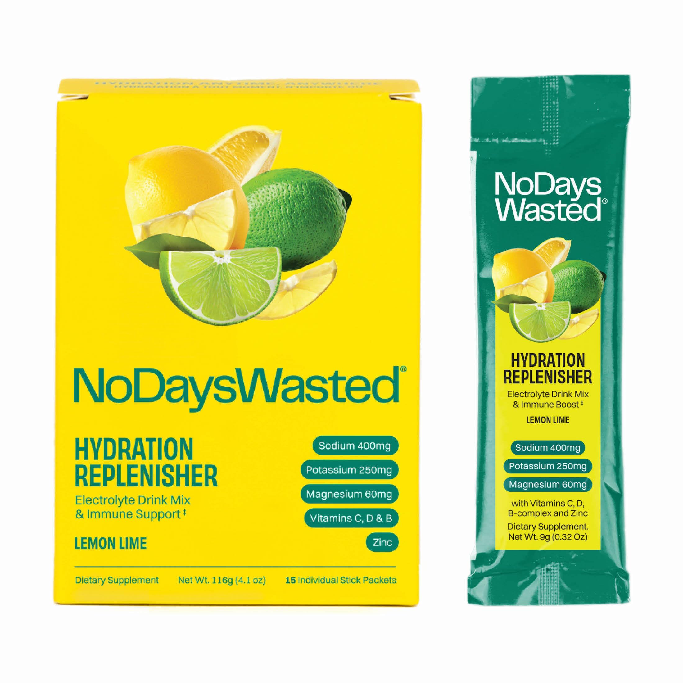 No Days Wasted – sachet Citron-Lime pour une réhydratation pratique en déplacement.