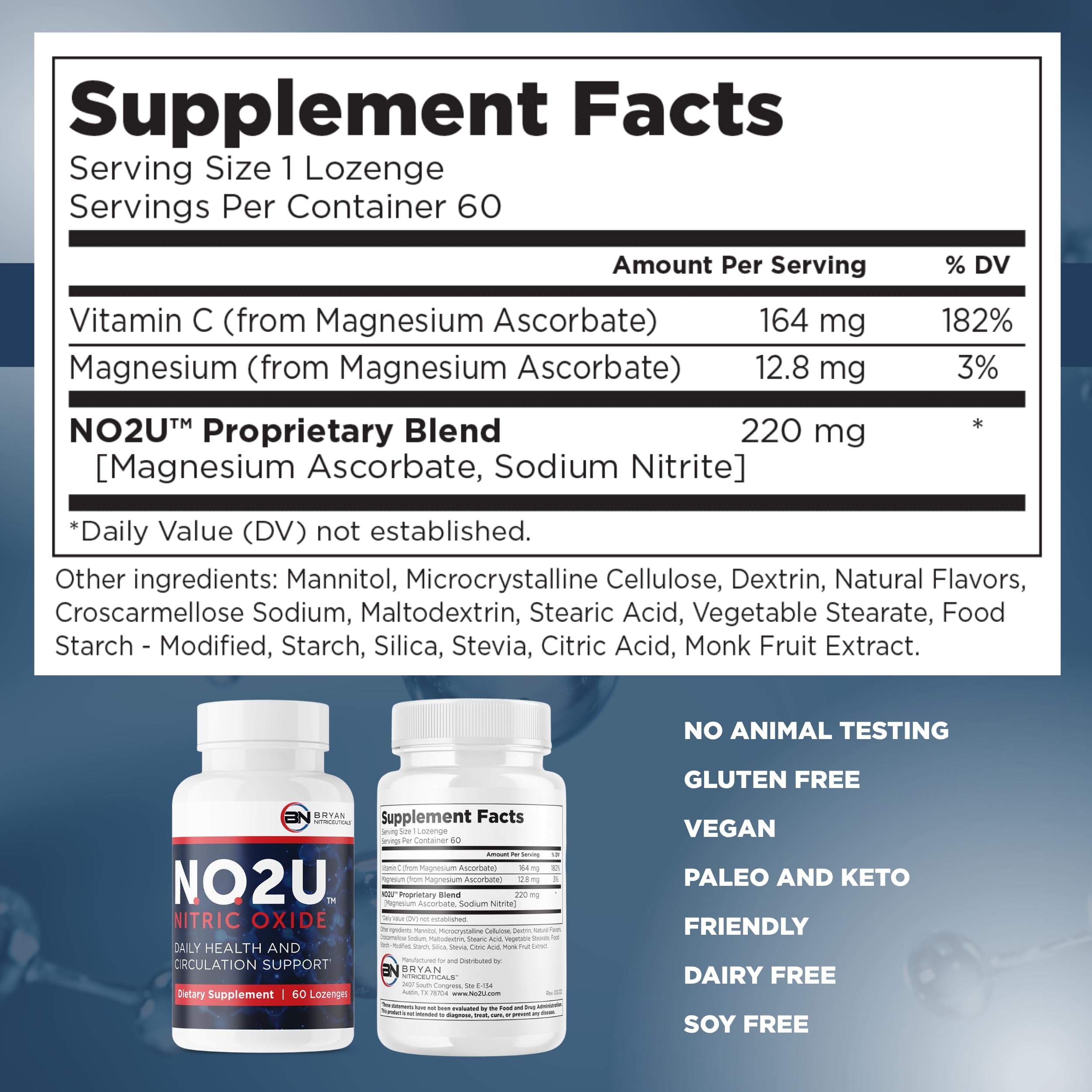 NO2U Bryan NITRICEUTICALS: emballage sans gluten et sans produits laitiers, adapté pour régimes variés.