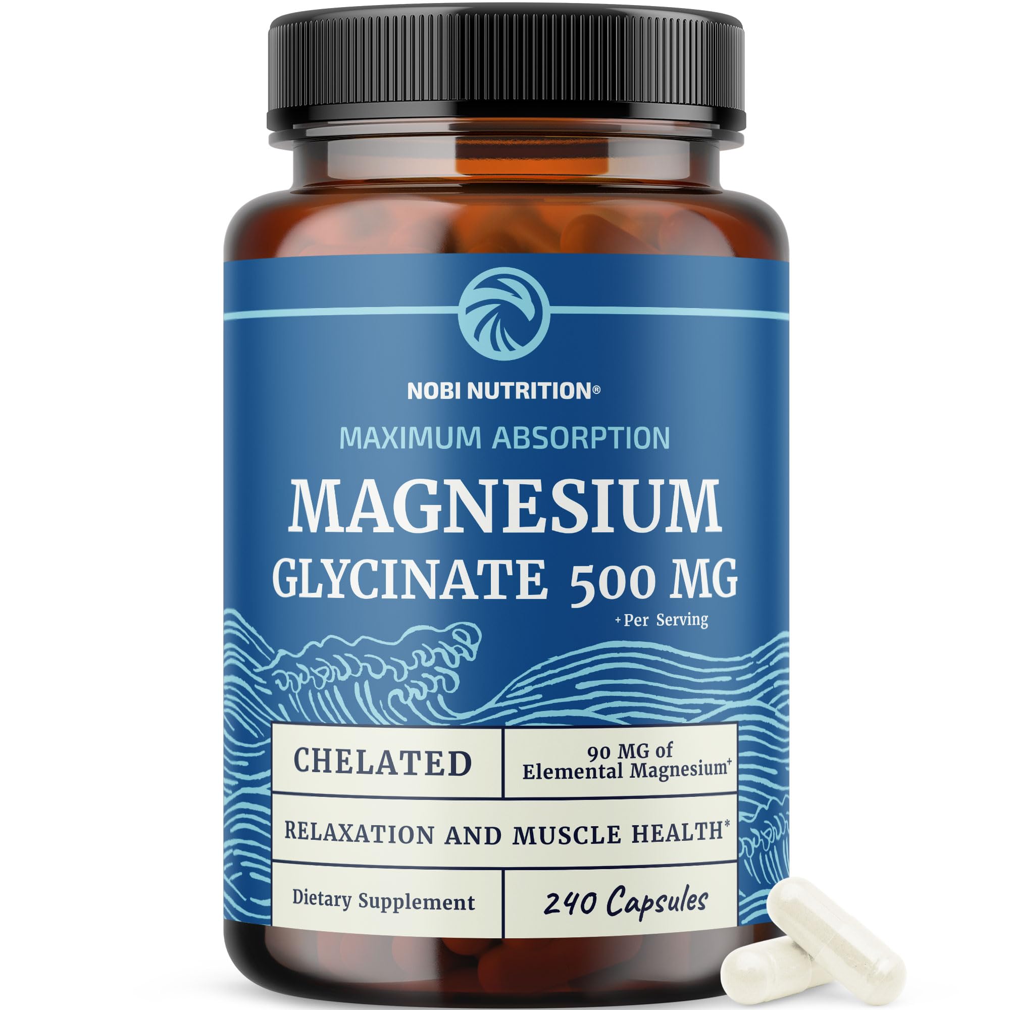 Nobi Nutrition Magnesium Glycinate 500mg – bouteille pratique pour une supplémentation quotidienne.