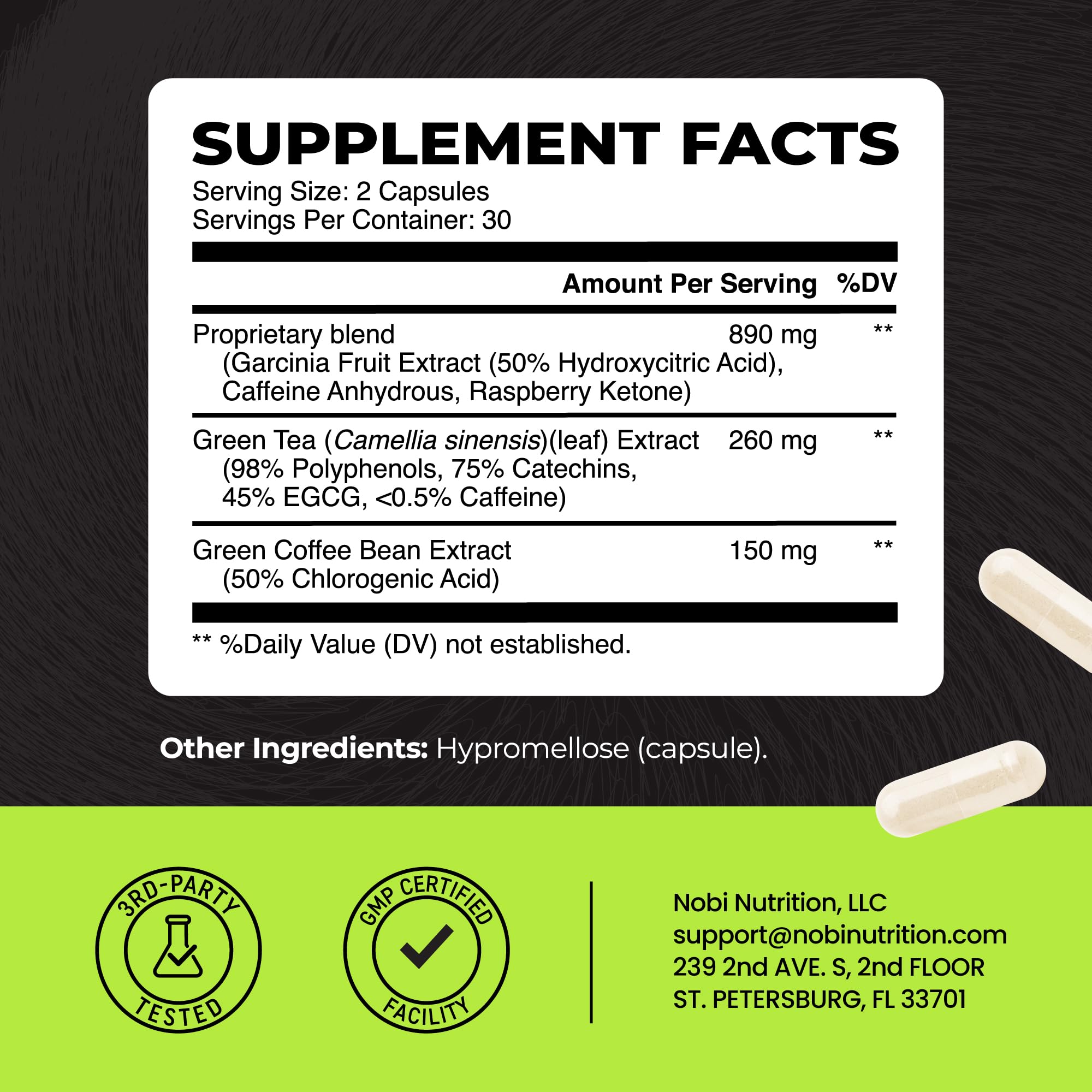 Nobi Nutrition comprimés Thé vert dose mensuelle de 60 unités.
