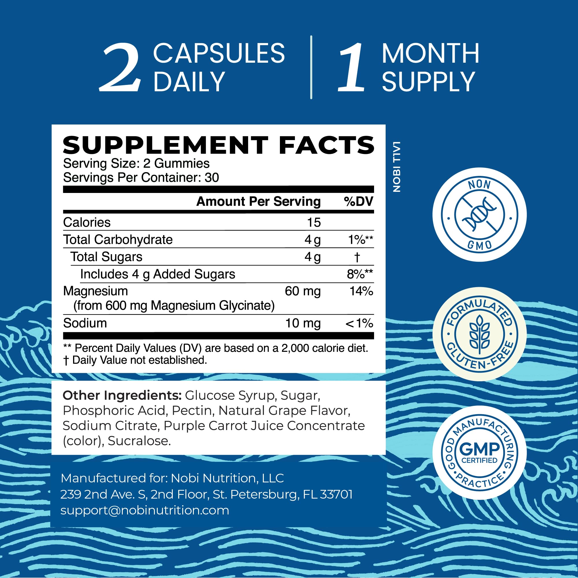 Étiquette sans gluten et sans OGM pour les gommes magnésium glycinate Nobi Nutrition.