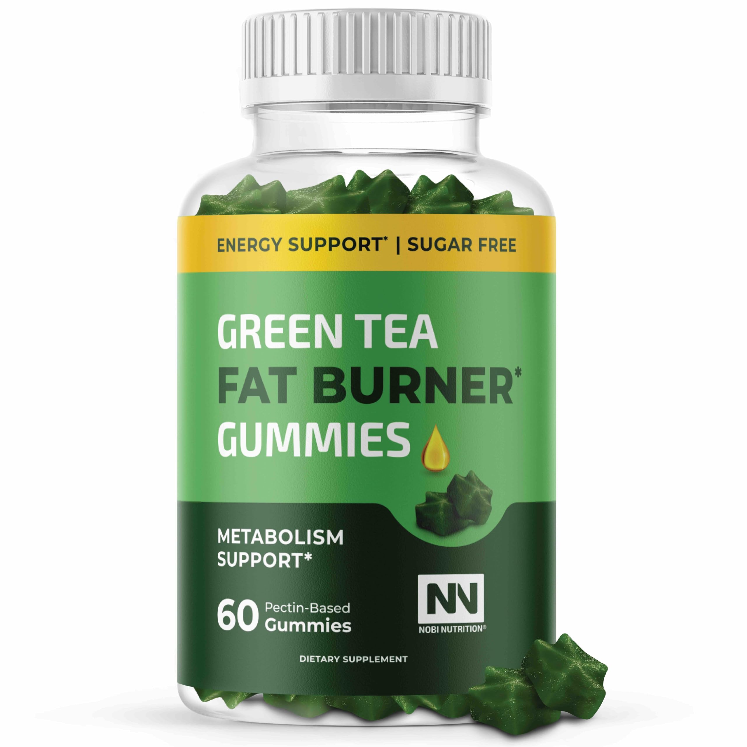 Gommes Nobi Nutrition au thé vert, bouteille visible et arôme pomme.