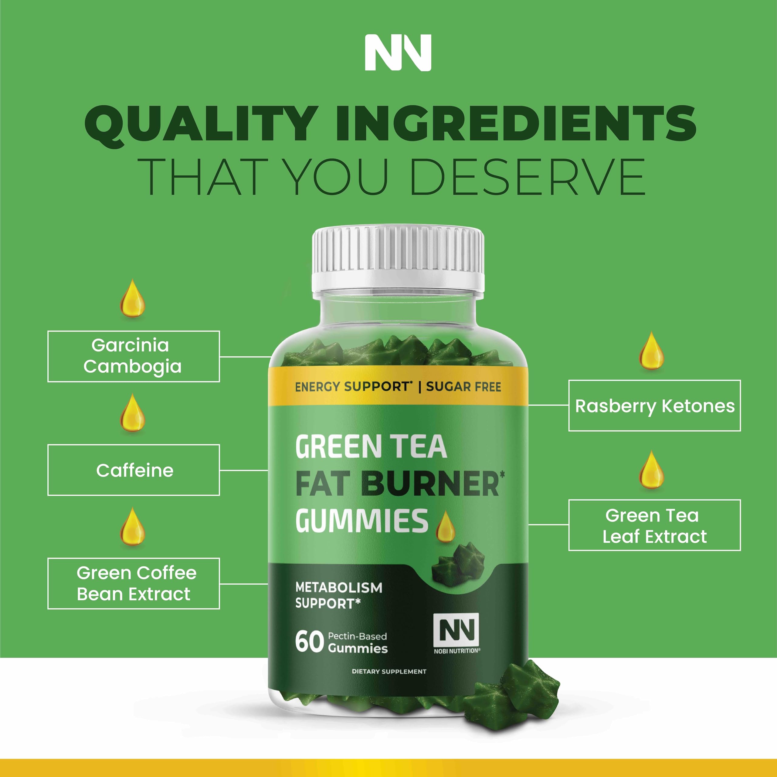 Gomme au thé vert Nobi Nutrition, gros plan sur la texture souple.
