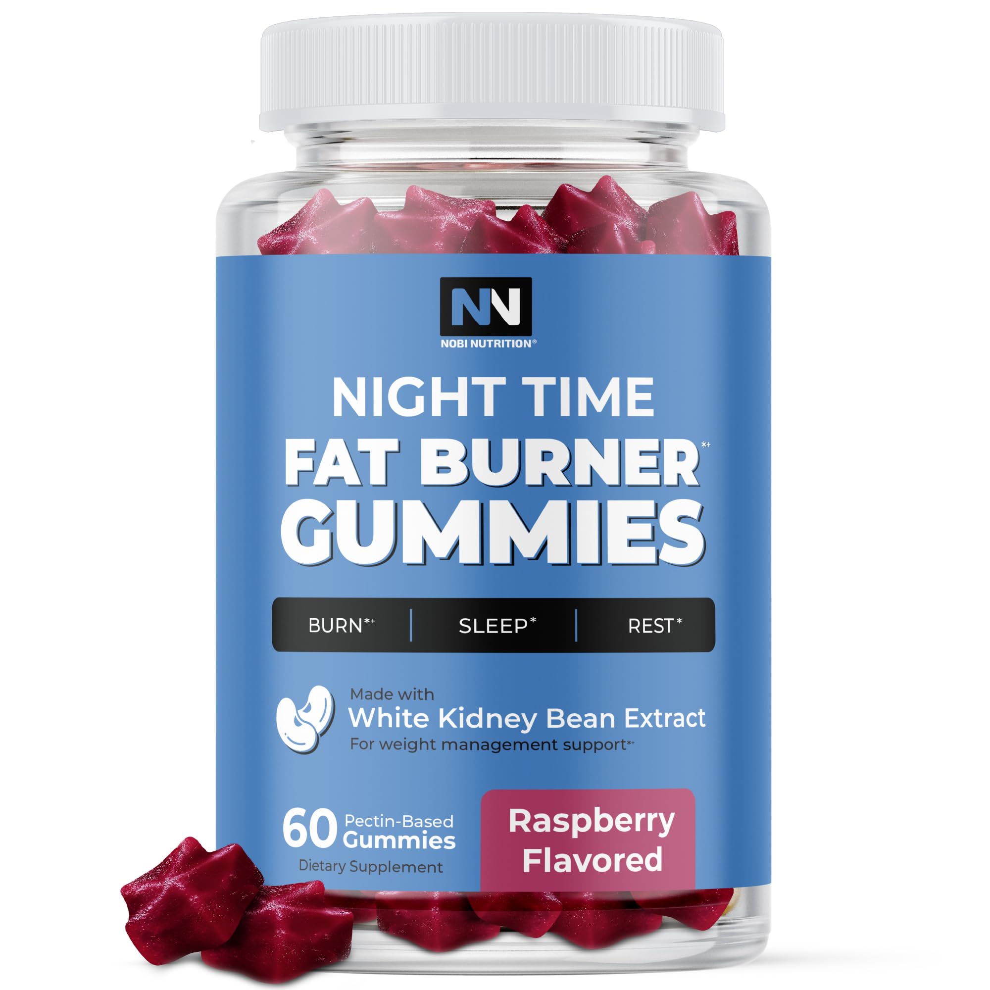 Nobi Nutrition gommes brûle-graisse nocturnes près table de nuit pour soutenir le métabolisme.