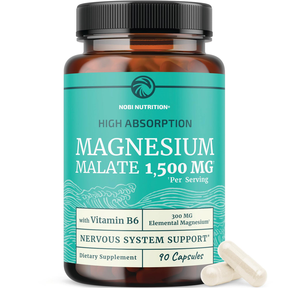 Nobi Nutrition Magnésium Malate 1500mg, bottle visible, soutien énergie et équilibre.