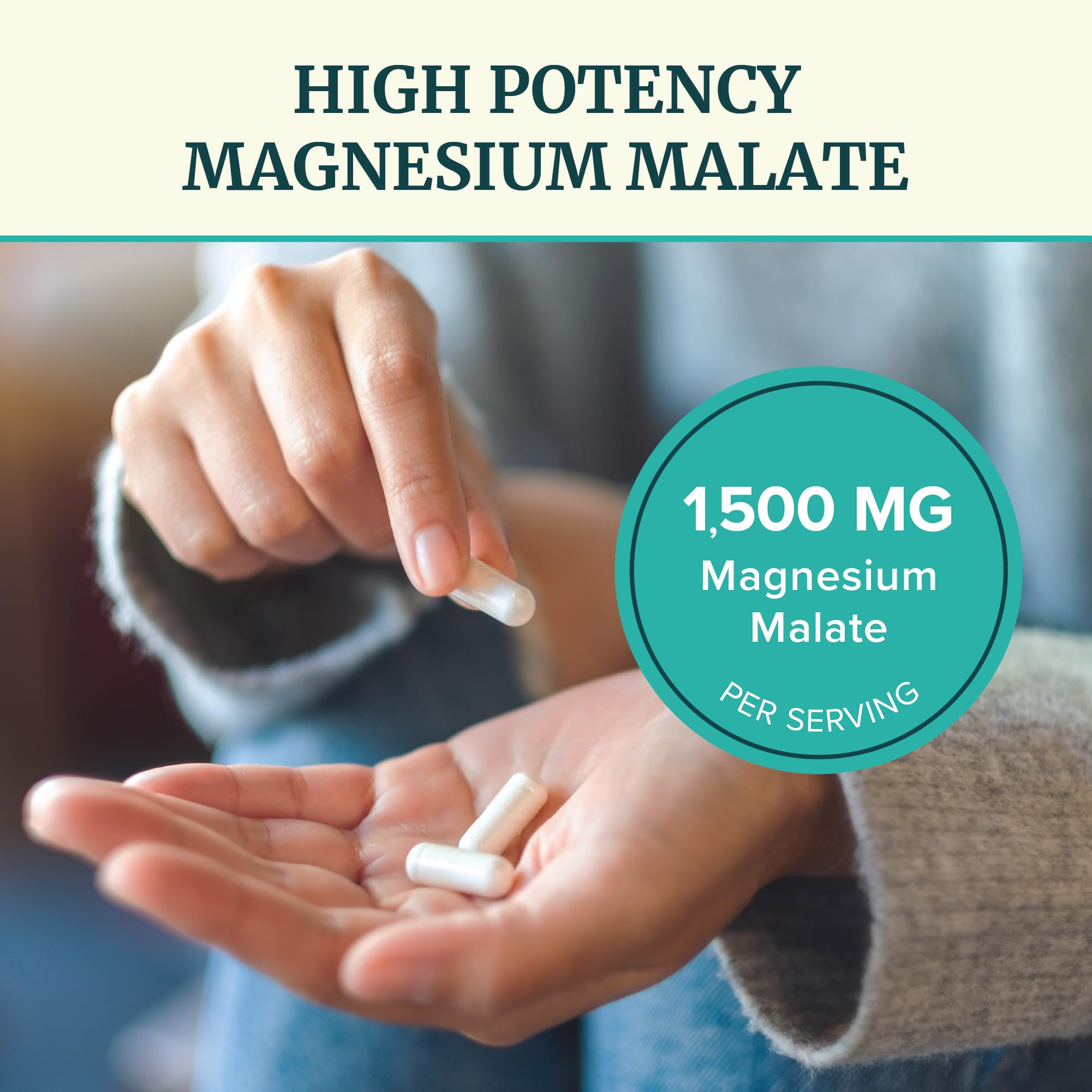 Nobi Nutrition Magnésium Malate 1500mg, étiquette claire indiquant dosage et ingrédients.