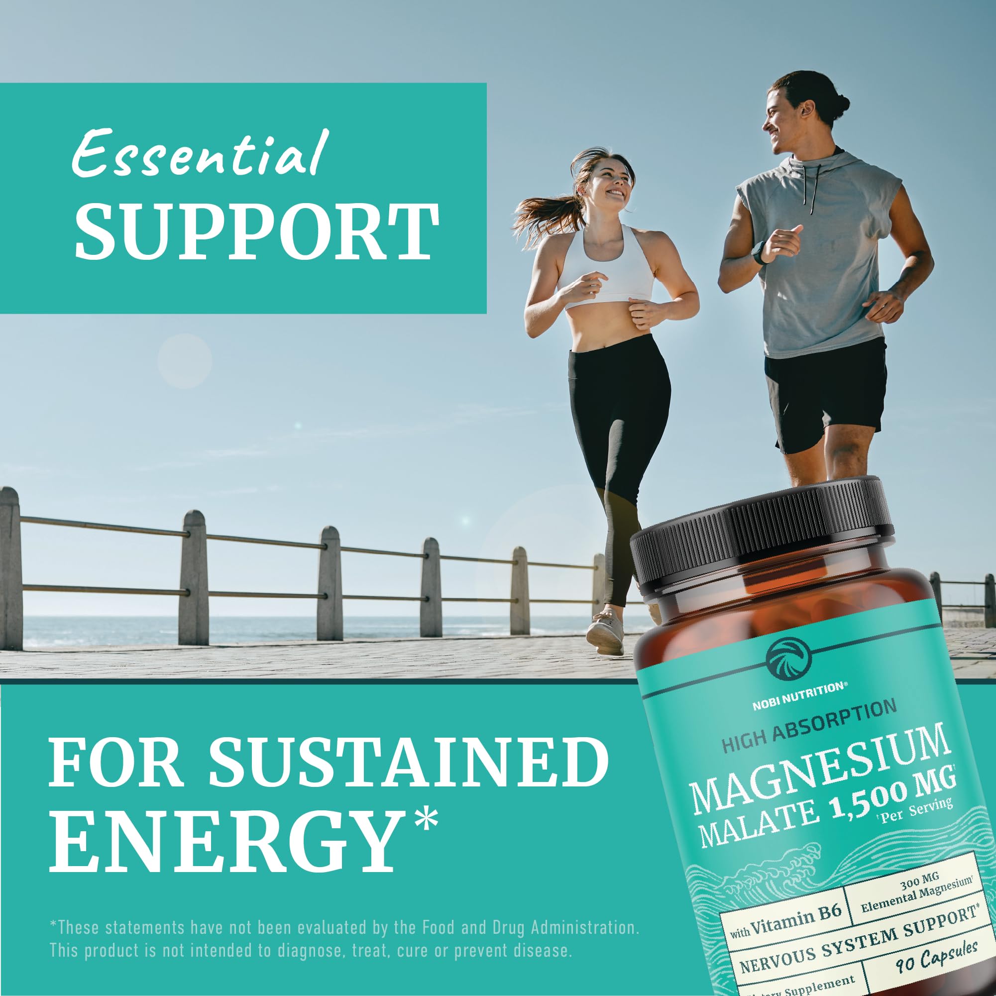 Nobi Nutrition Magnésium Malate 1500mg, vitamine B6 ajoutée pour favoriser le métabolisme et la vitalité.