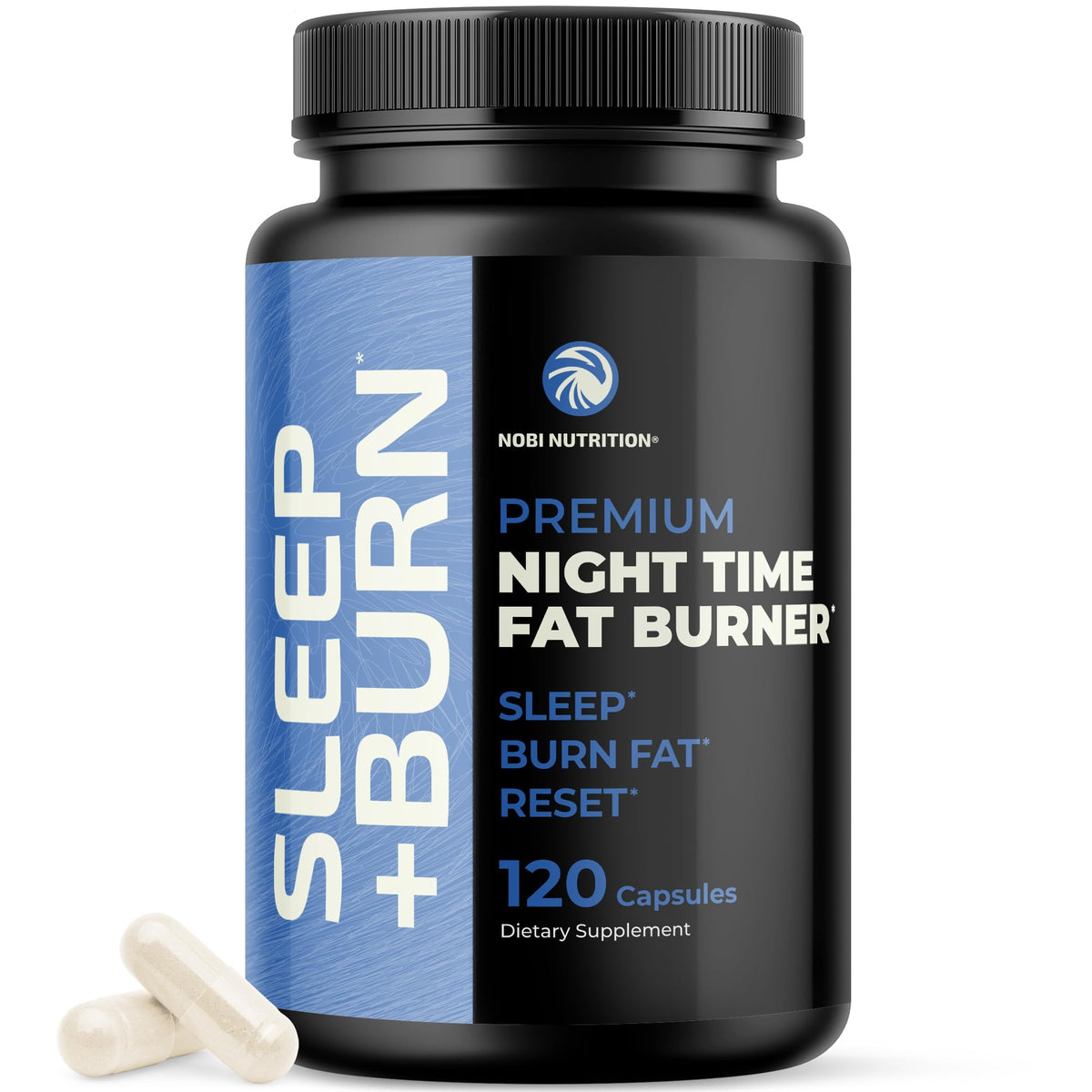 Nobi Nutrition Night Time Fat Burner — bouteille montrant le flacon pour le soutien métabolique nocturne.