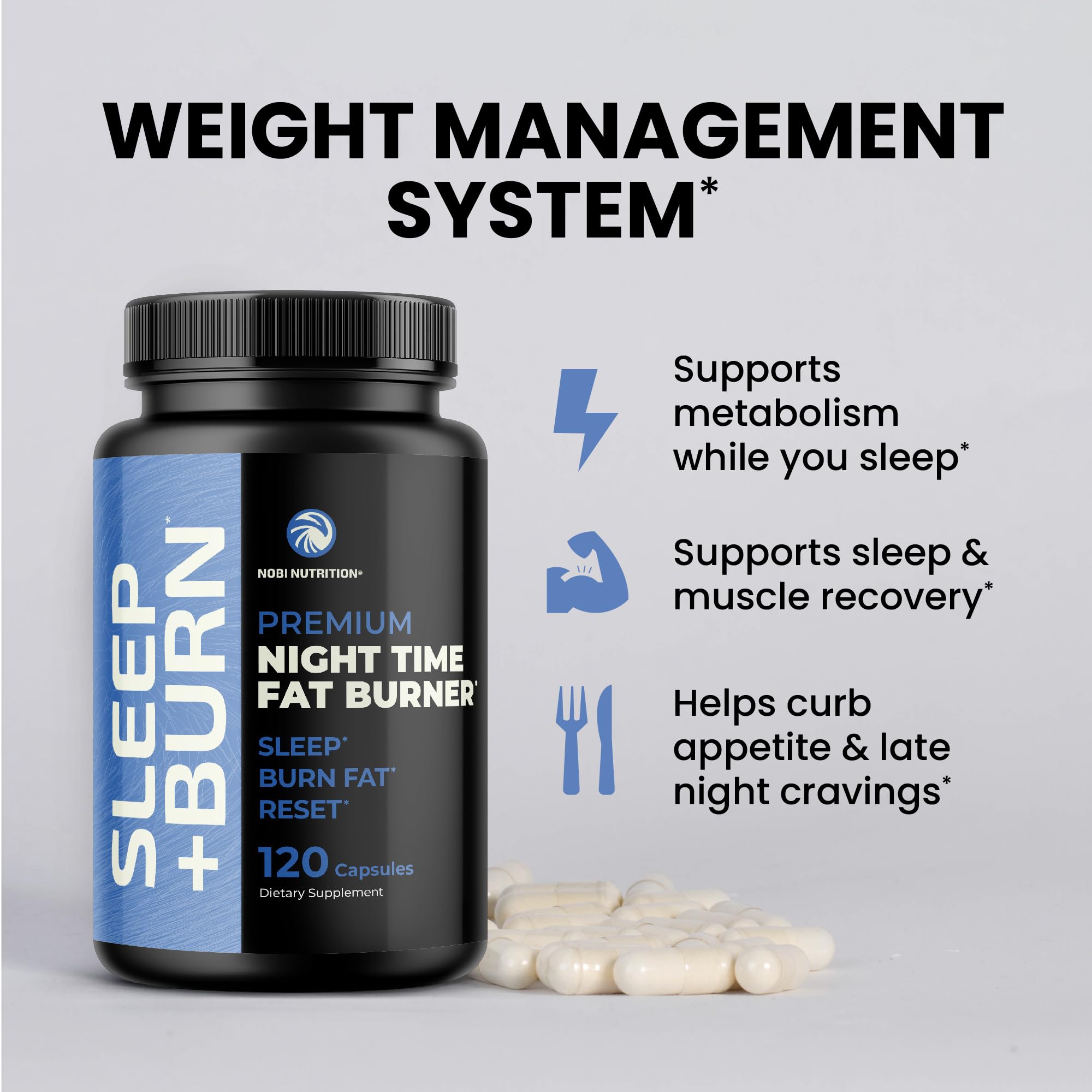 Etiquette Nobi Nutrition Night Time Fat Burner: informations sur l'utilisation et les ingrédients.