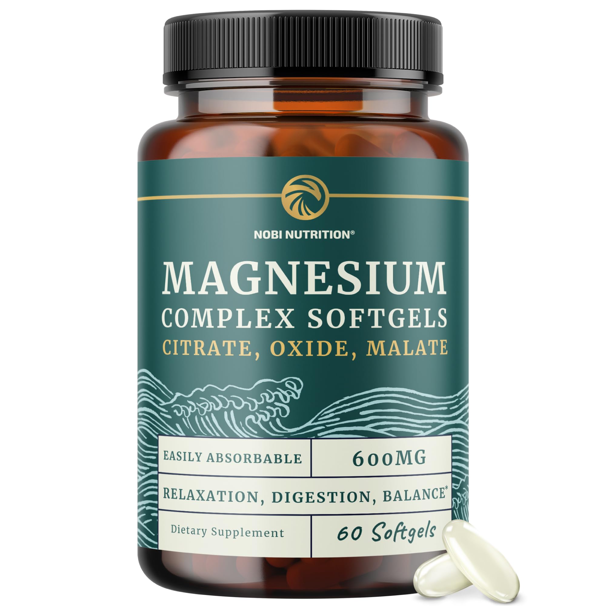 Nobi Nutrition Triple Magnesium Softgels flacon sur table, soutien potentiel à la digestion