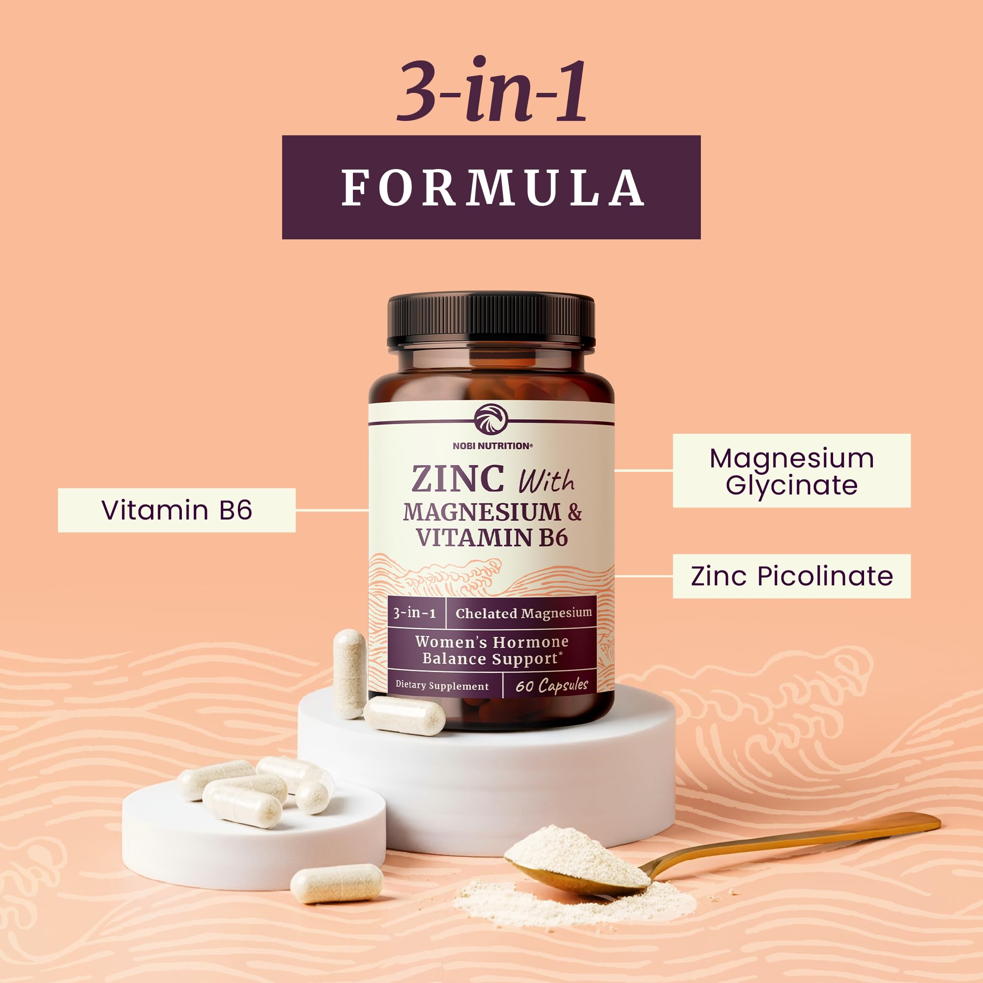 Nobi Nutrition zinc-magnésium-b6, formule 3-en-1 pour la simplicité.
