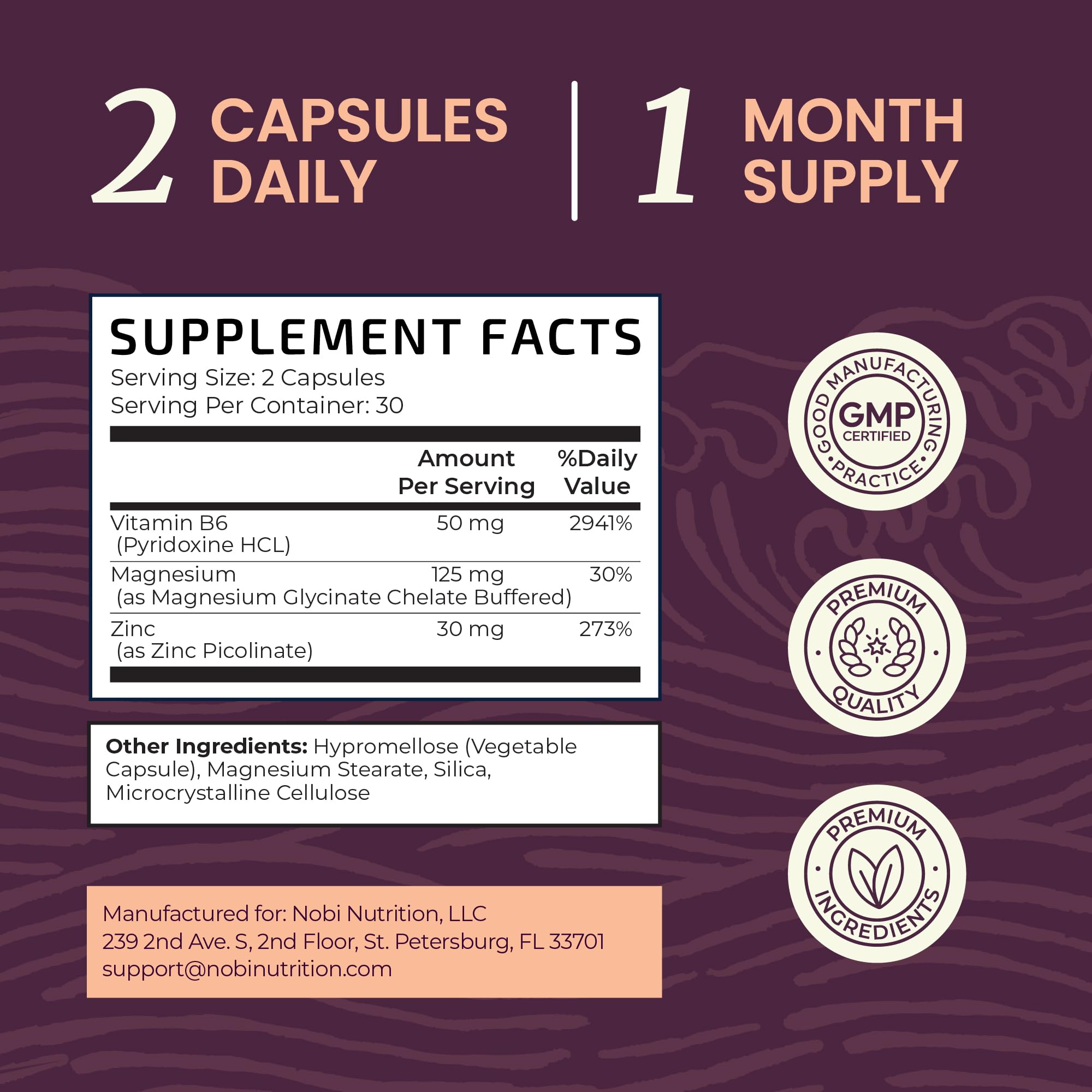 Nobi Nutrition zinc-magnésium-b6, aide potentielle pour l’équilibre du cycle menstruel.