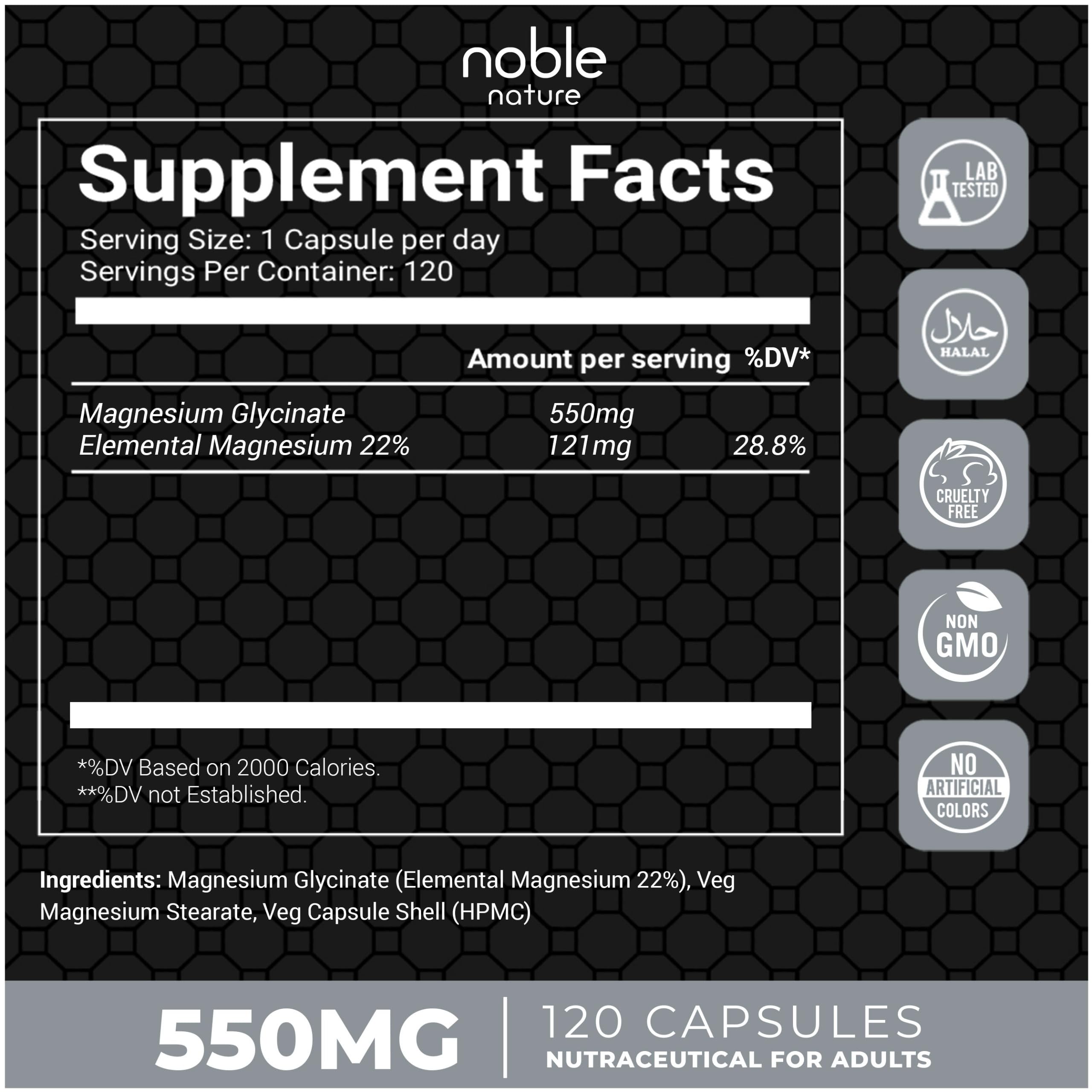 Capsules végétariennes Noble Nature magnésium glycinate faciles à avaler.