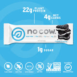 Emballage No Cow Cookies ’n Cream, pack de 12 barres protéinées véganes