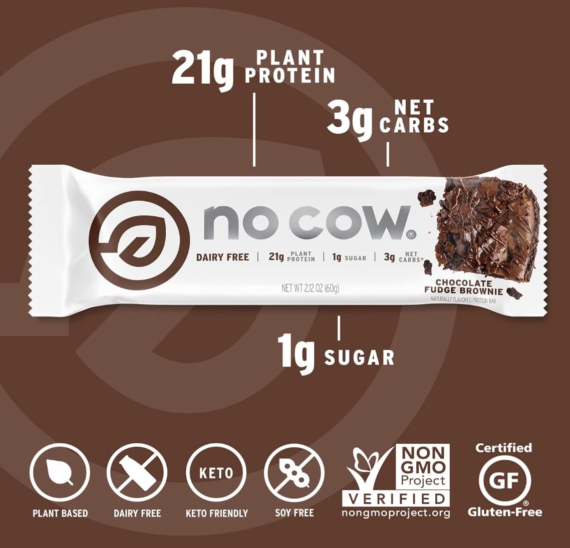 No Cow barre proteine vegan originale, faible sucre, 1 g par barre