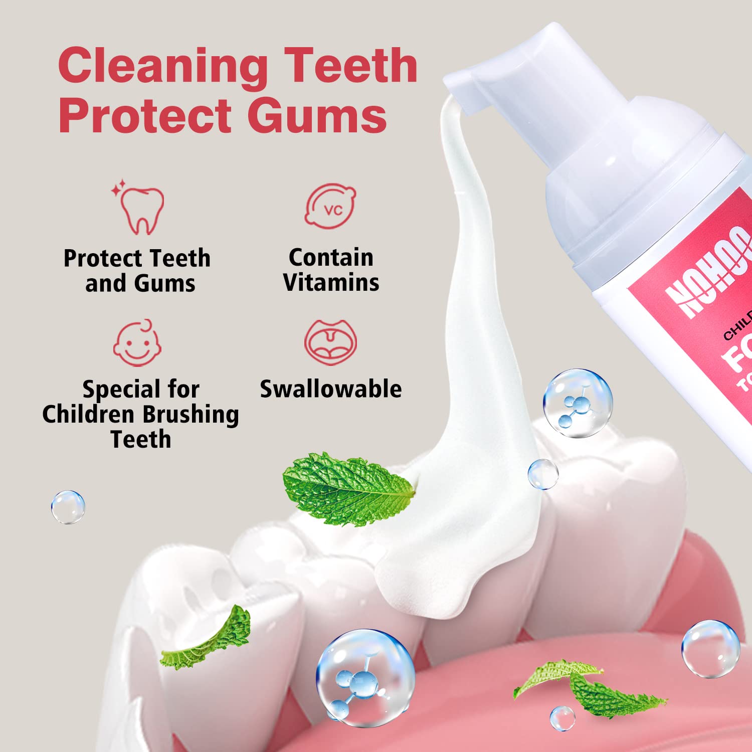 NOHOO dentifrice fraise en mousse, pompe pratique pour petites mains.