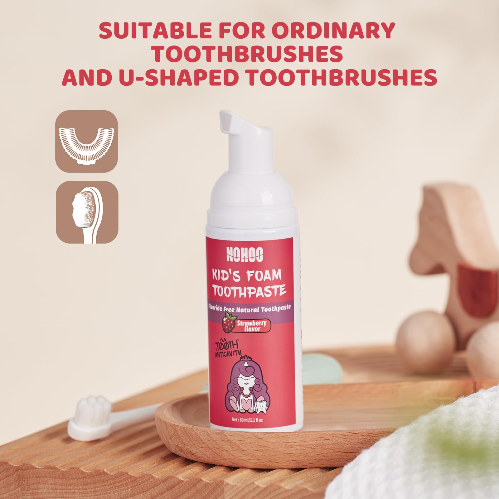 NOHOO dentifrice-mousse brosse-u-compatible, compatible avec brosses en forme U.