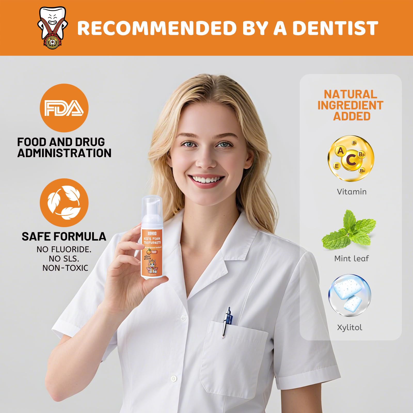 NOHOO dentifrice-mousse prise-en-main-pompe pour petites mains, apprentissage facile.