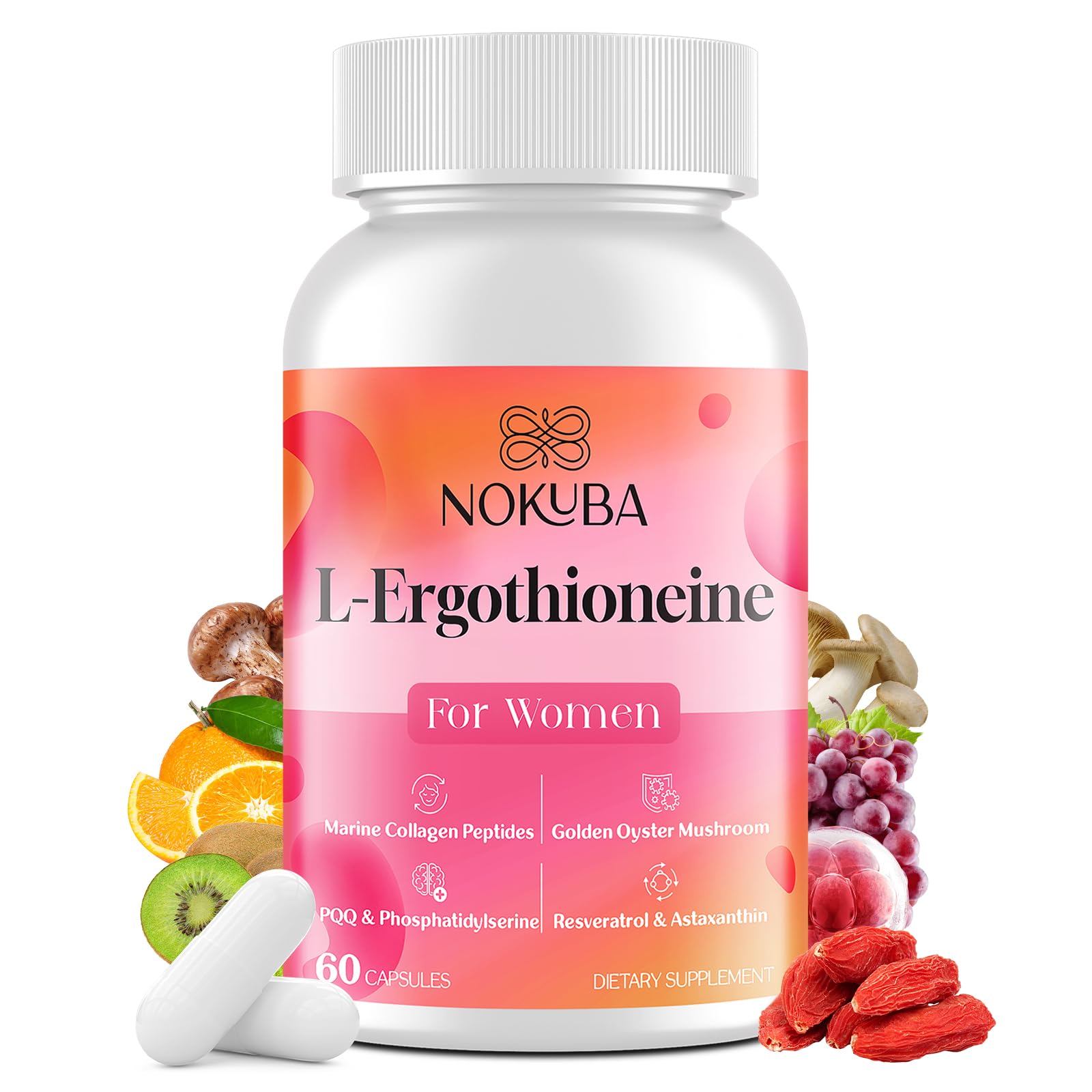 Nokuba L-Ergothioneine, bouteille de capsules et hydratation potentielle de la peau