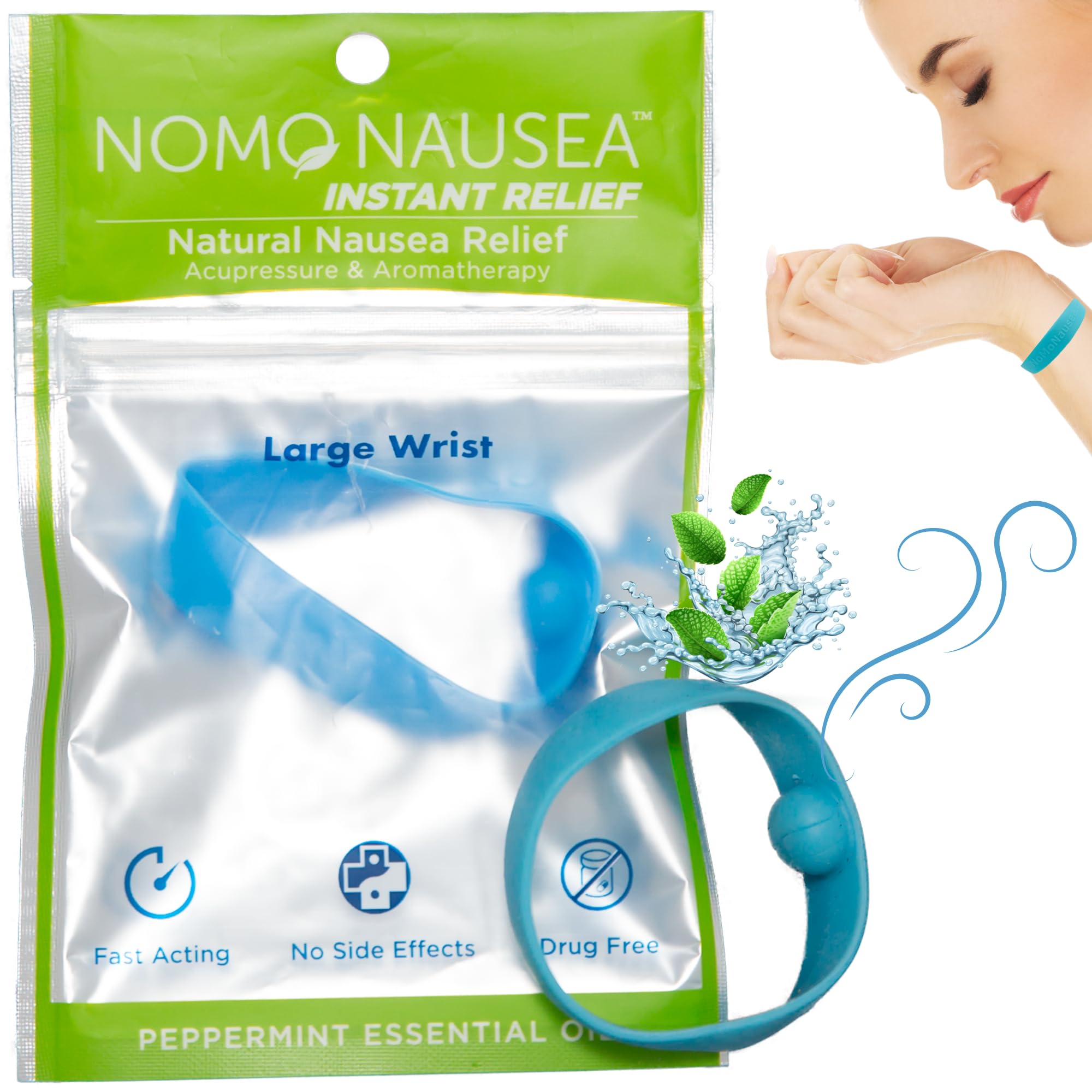 NoMo Nausea Bandes relief instantané bleu, soulagement rapide de la nausée au quotidien.