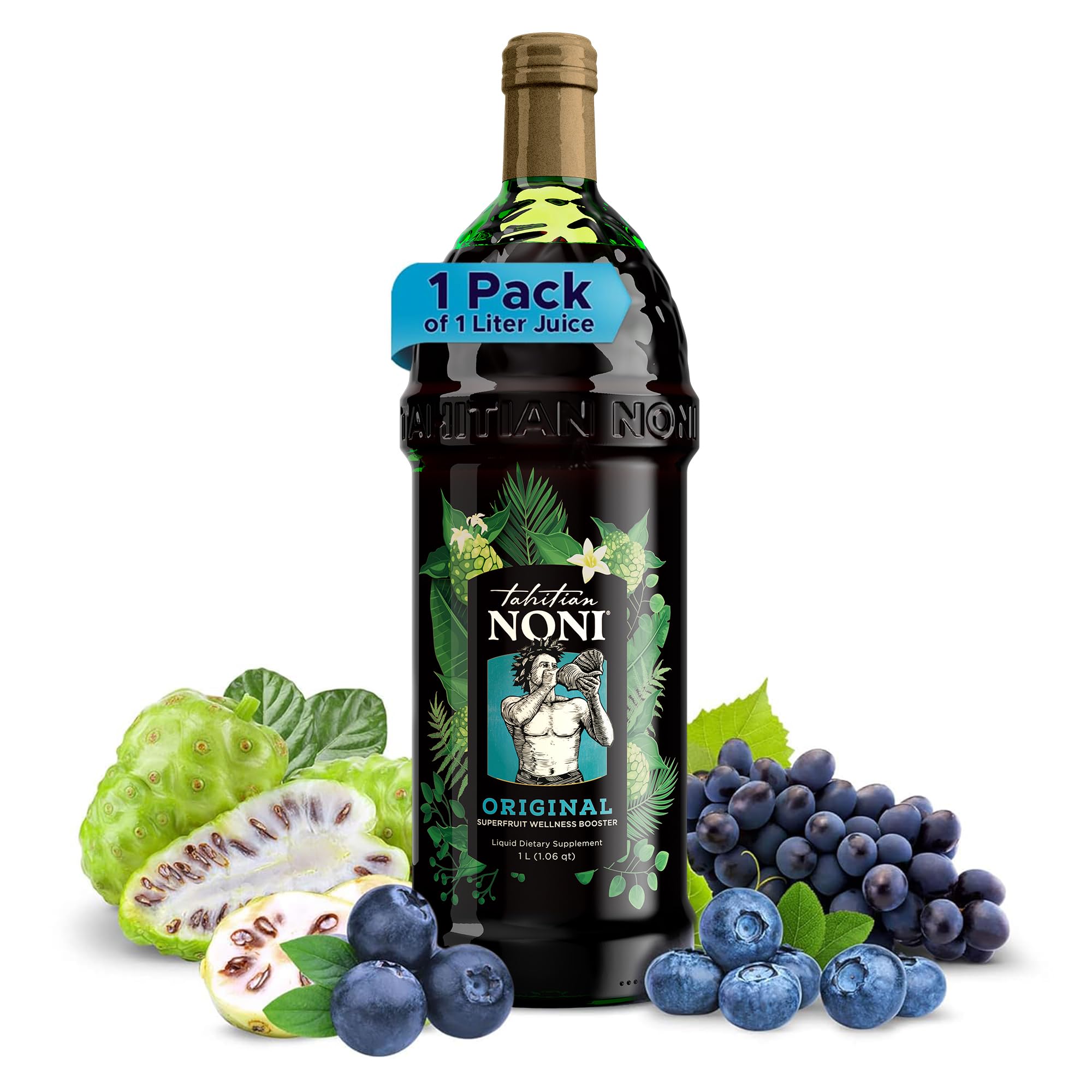 Bouteille Noni Tahitien Morinda de 1 L prête à être dégustée au quotidien.