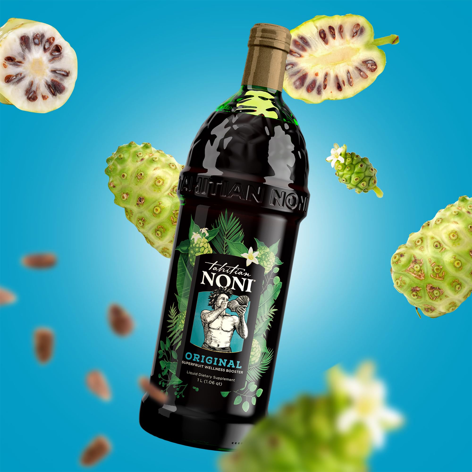 Ingrédients Noni Tahitien Morinda, myrtilles et raisins, mélange fruité.