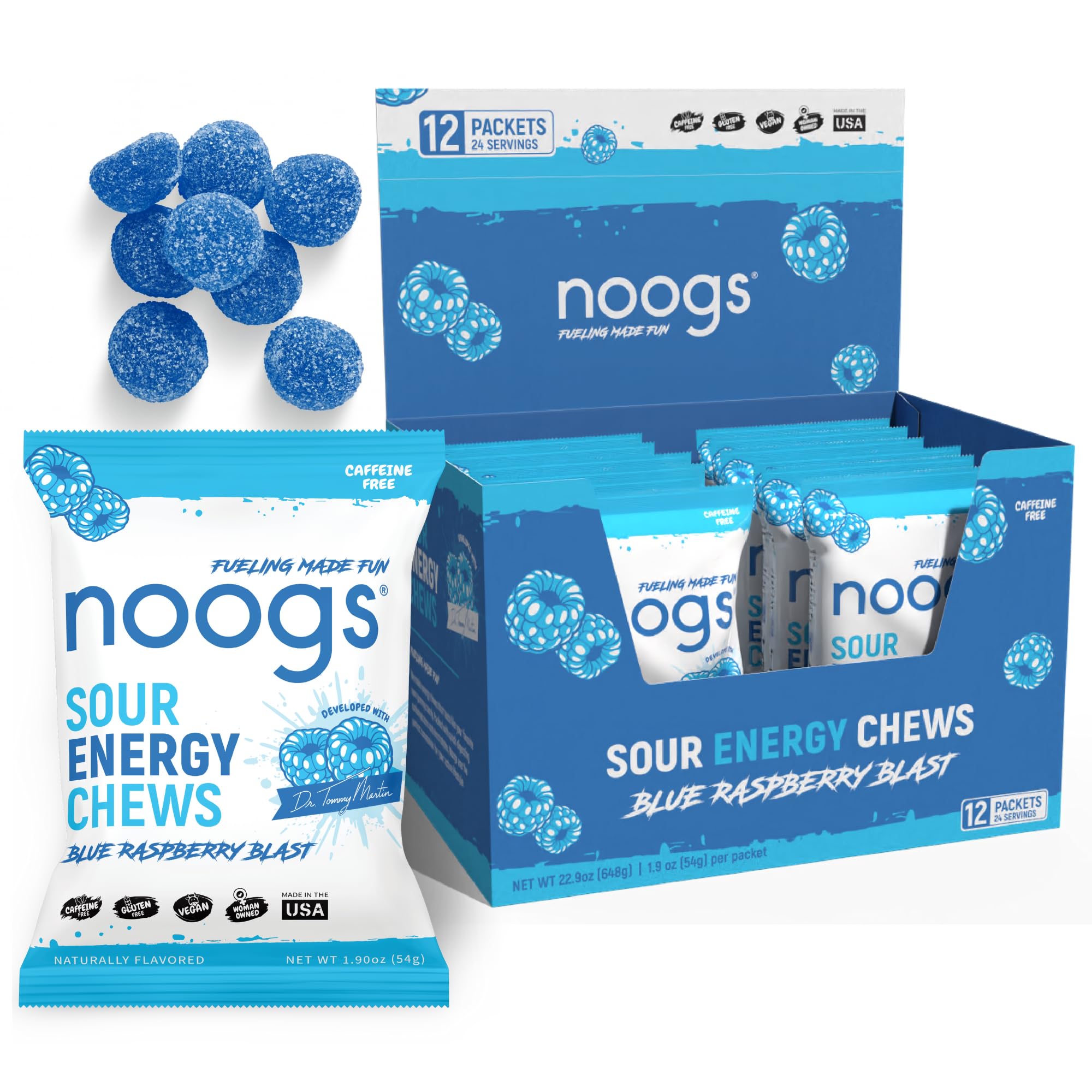 Noogs Sour Energy Chews, boîte 12 paquets, pratique pour entraînement et pauses rapides.