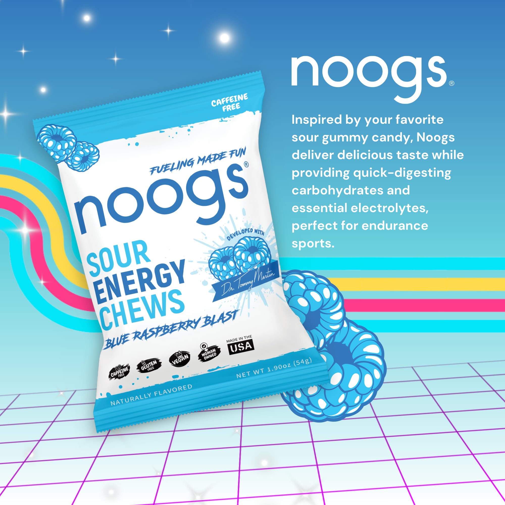 Noogs Sour Energy Chews, texture moelleuse et facile à mâcher pendant l’effort.