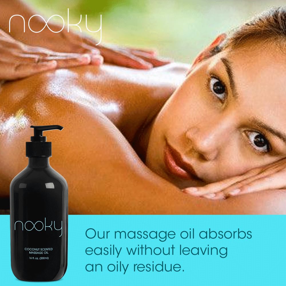 NOOKY huile massage coco — absorption rapide pour une peau douce après application.