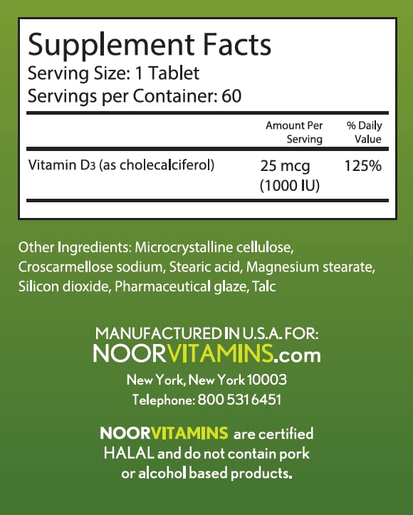 Noor Vitamins D3 comprimés 1000 UI – prise simple une fois par jour.