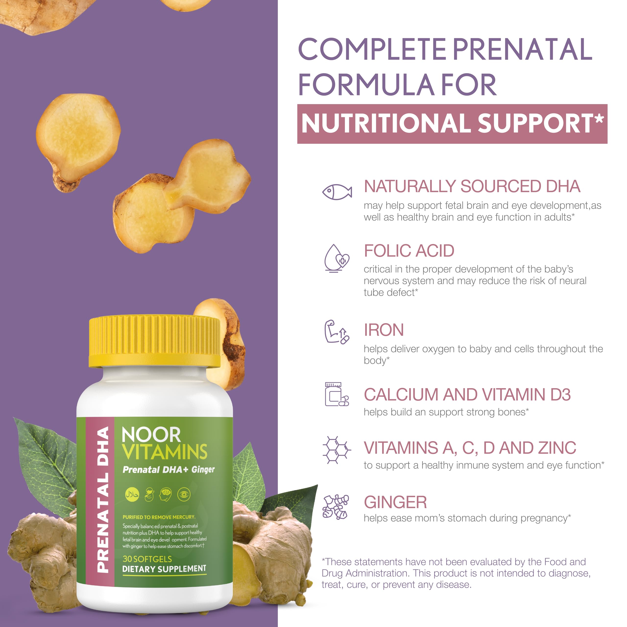 Noor Vitamins Prénatal – gingembre pour le confort digestif potentiel
