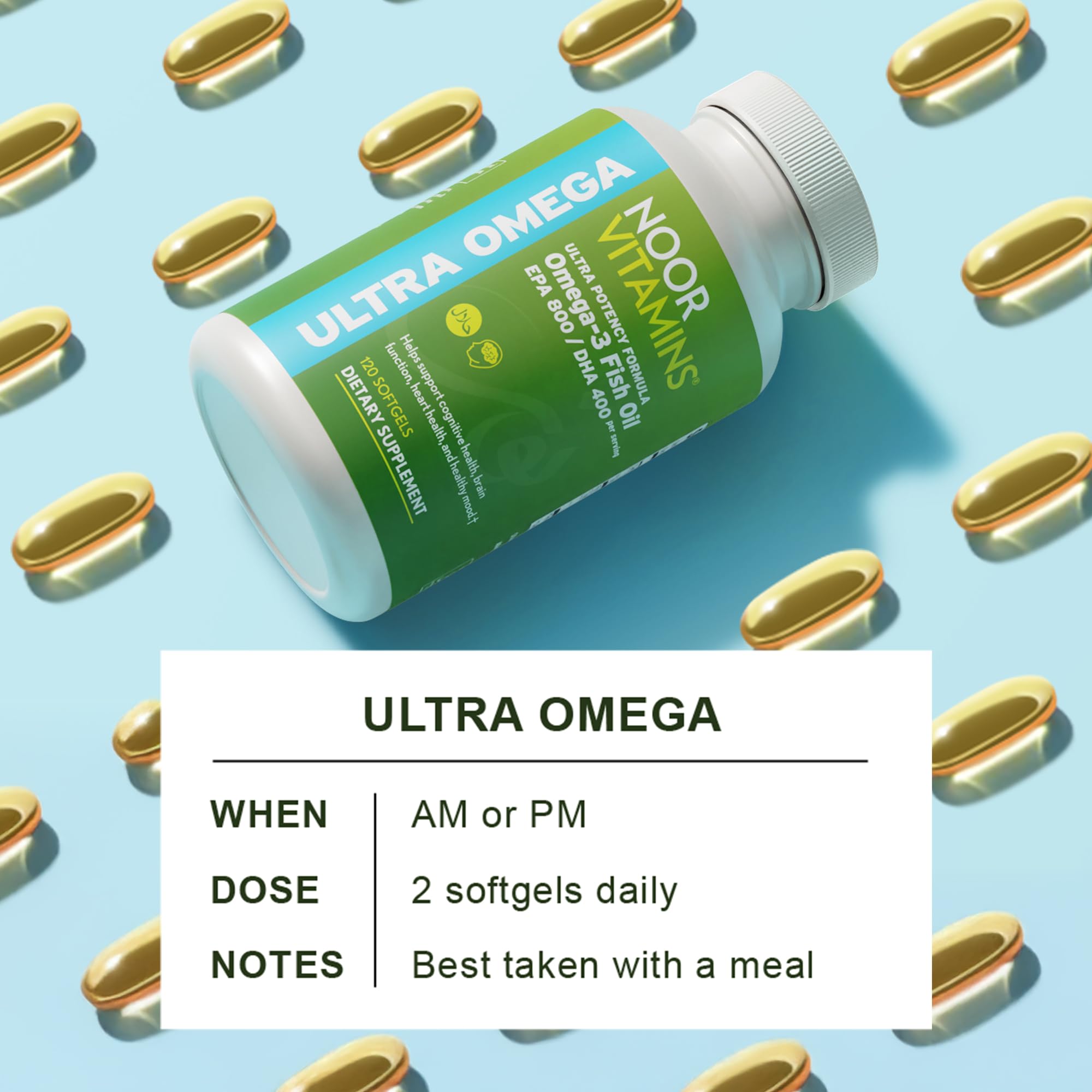 Sans OGM et sans gluten - Noor Vitamins affiché sur l'emballage.