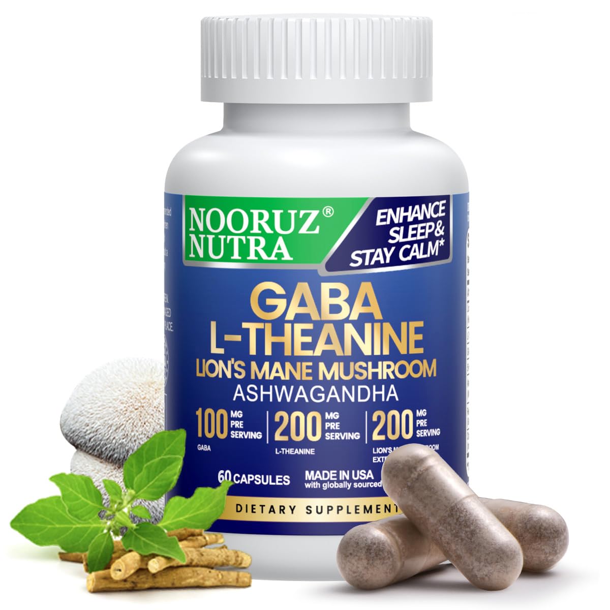 NOORUZ bouteille de capsules crinière de lion, énergie et concentration potentielles.