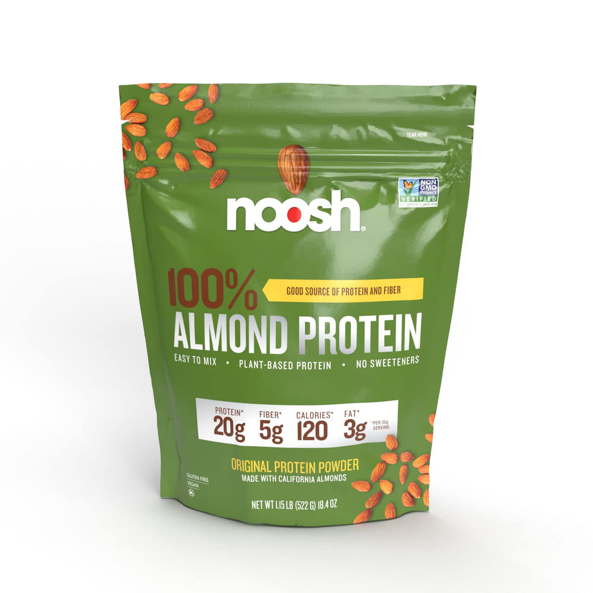 NOOSH poudre protéinée d'amande non aromatisée dans une bouteille, idéal pour un shake rapide.
