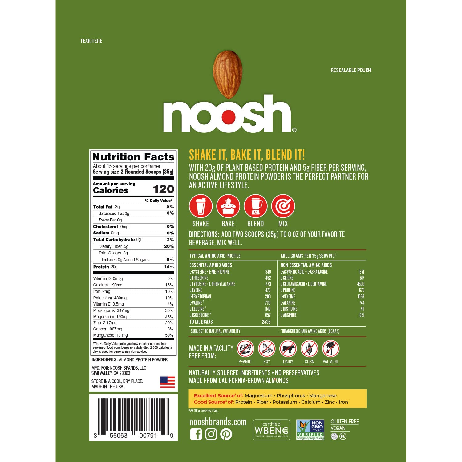 NOOSH poudre protéinée d'amande non aromatisée dans un shaker, mélange facile et sans allergènes.