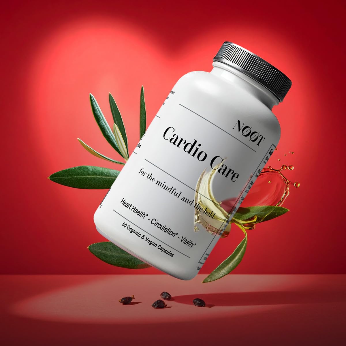 NOOT Cardio Care – tableau d'ingrédients naturels, olives et extraits connus.