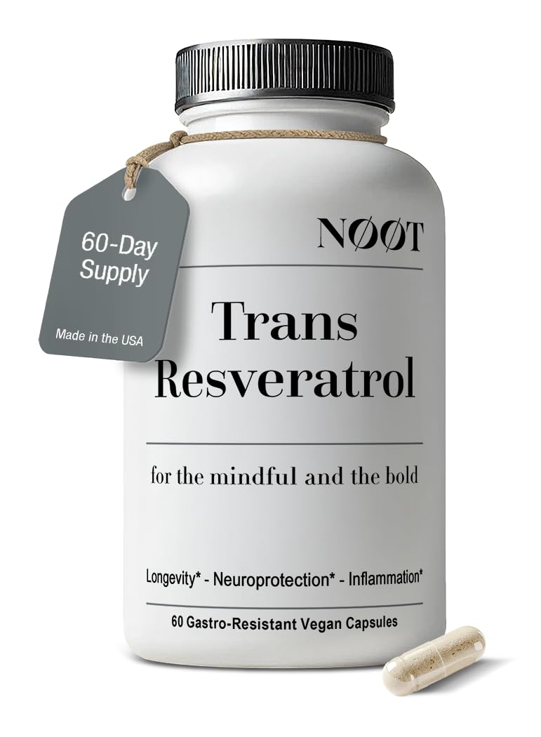 NOOT Trans-Resveratrol en bouteille, soutien potentiel du cœur et absorption améliorée.