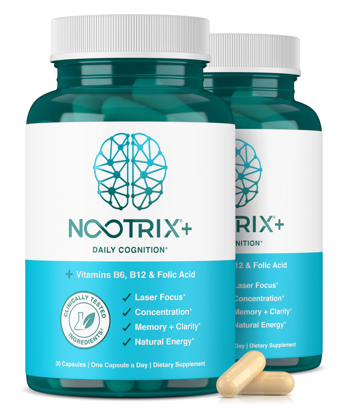 Nootrix Brain Plus - bouteille et capsules, soutien potentiel à la concentration.