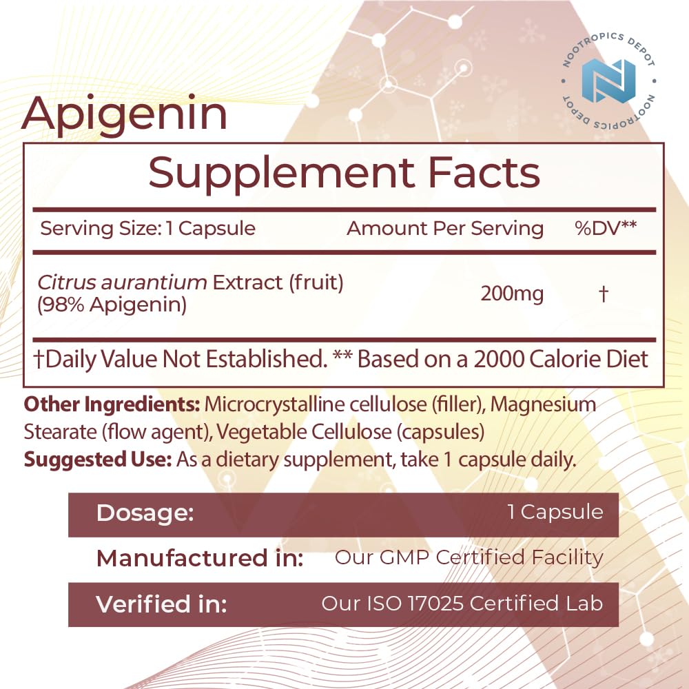 Étiquette du flacon Nootropics Depot Apigénine, lisible et informative.