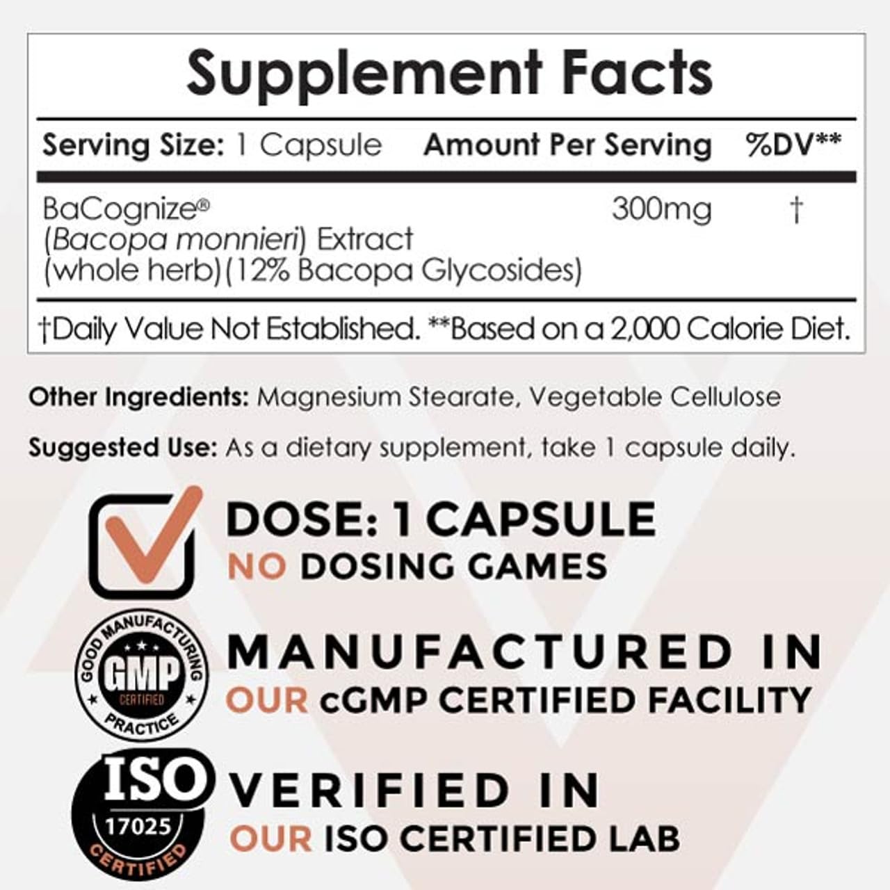 BaCognize Bacopa Monnieri, capsules 300 mg, dose quotidienne possible pour la mémoire et l'humeur.
