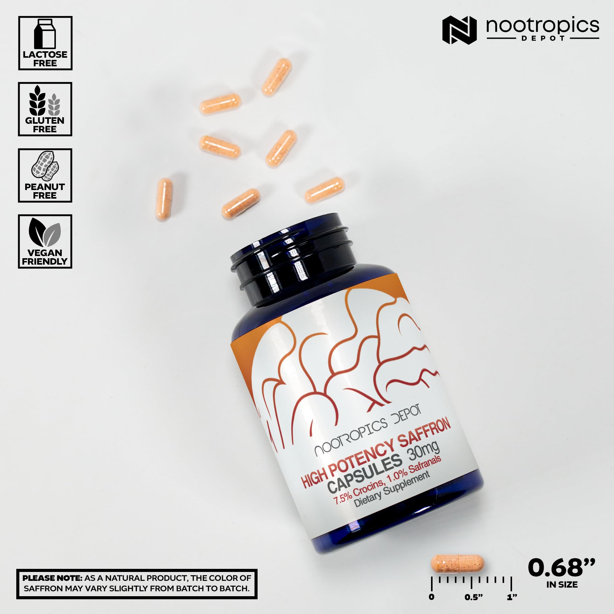 Bouteille Nootropics Depot, capsules safran, soutien potentiel à la concentration et à l'humeur.