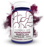 Nootropics Depot andrographis, capsules visibles dans une bouteille, soutien potentiel de l'immunité.