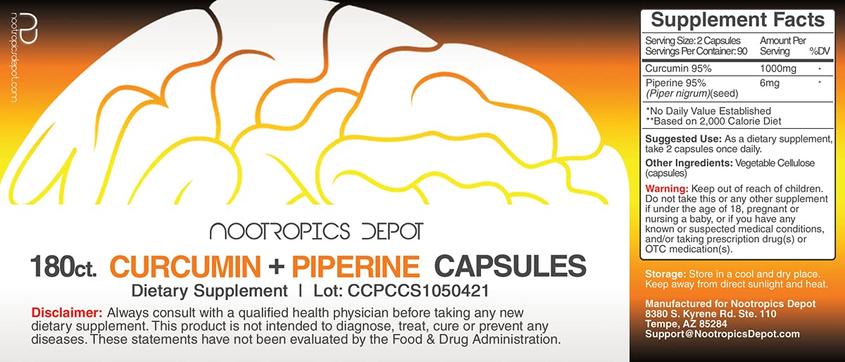 Nootropics Depot — capsules Curcumine et Pipérine, dosage 1000 mg pour soutenir vos journées.