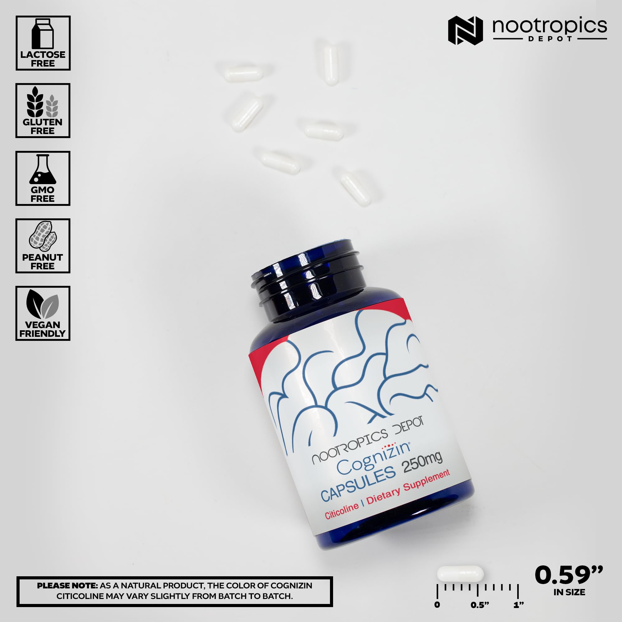 Capsules Cognizin prêtes à être prises, usage quotidien et clarté mentale.
