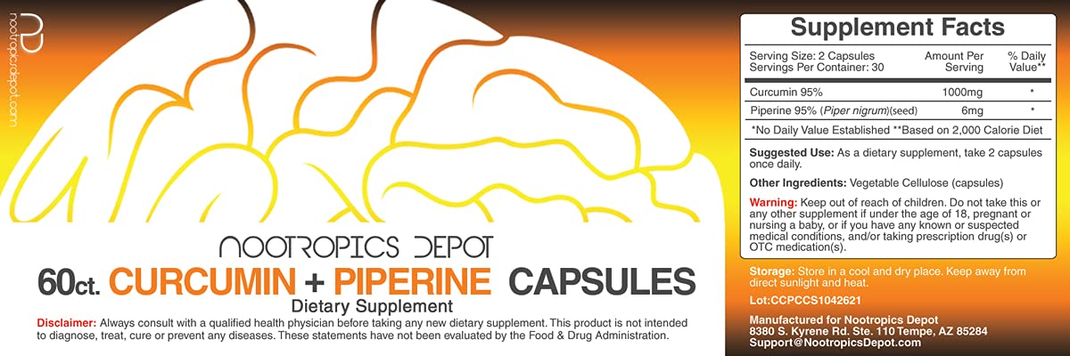 Nootropics Depot Curcumine Piperine, emballage montrant la formulation et les dosages