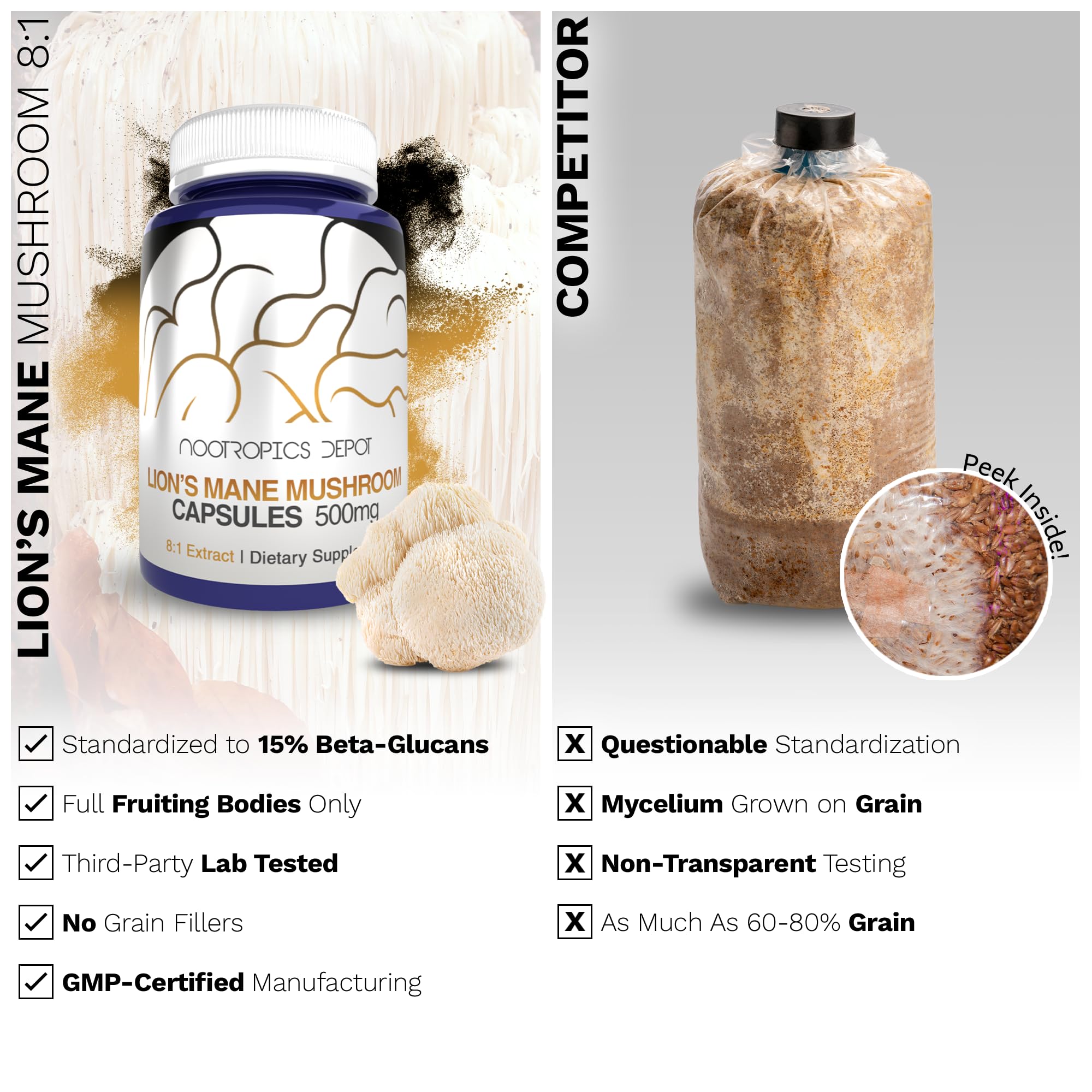 Nootropics Depot, 500 mg crinière de lion pour soutien quotidien potentiel.