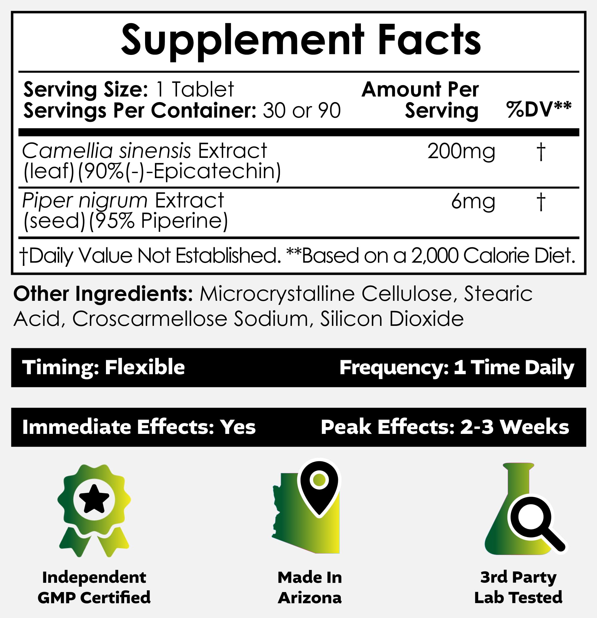 Épicatechine Nootropics Depot, bouteille claire avec comprimés biodisponibles.