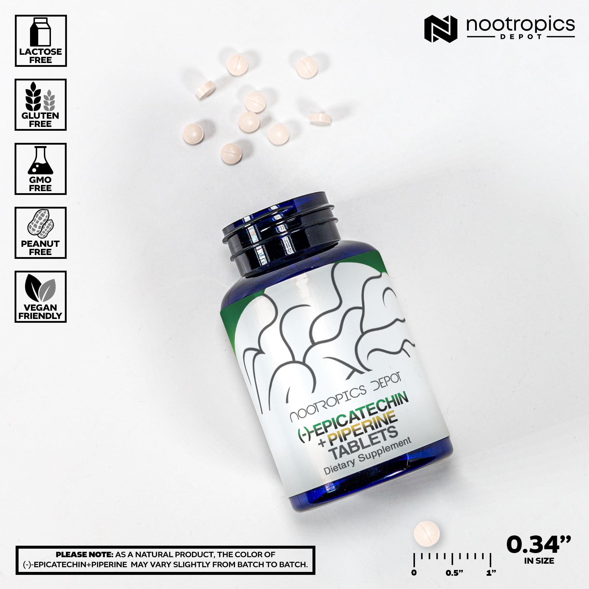 Comprimés Épicatechine Nootropics Depot, ingestion pratique pour l'entraînement.